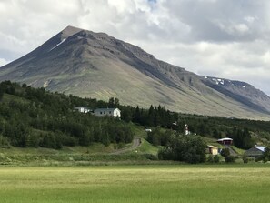 Une montagne à la base de laquelle se trouve un petit village, comprenant des maisons et un sentier qui monte jusqu'au sommet.