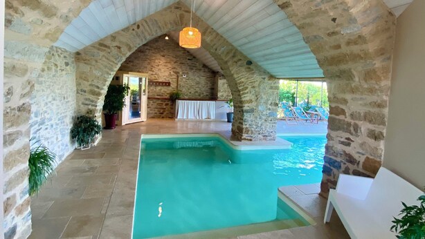 Una piscina interior con paredes de piedra y techo, rodeada de plantas en macetas y un banco blanco.