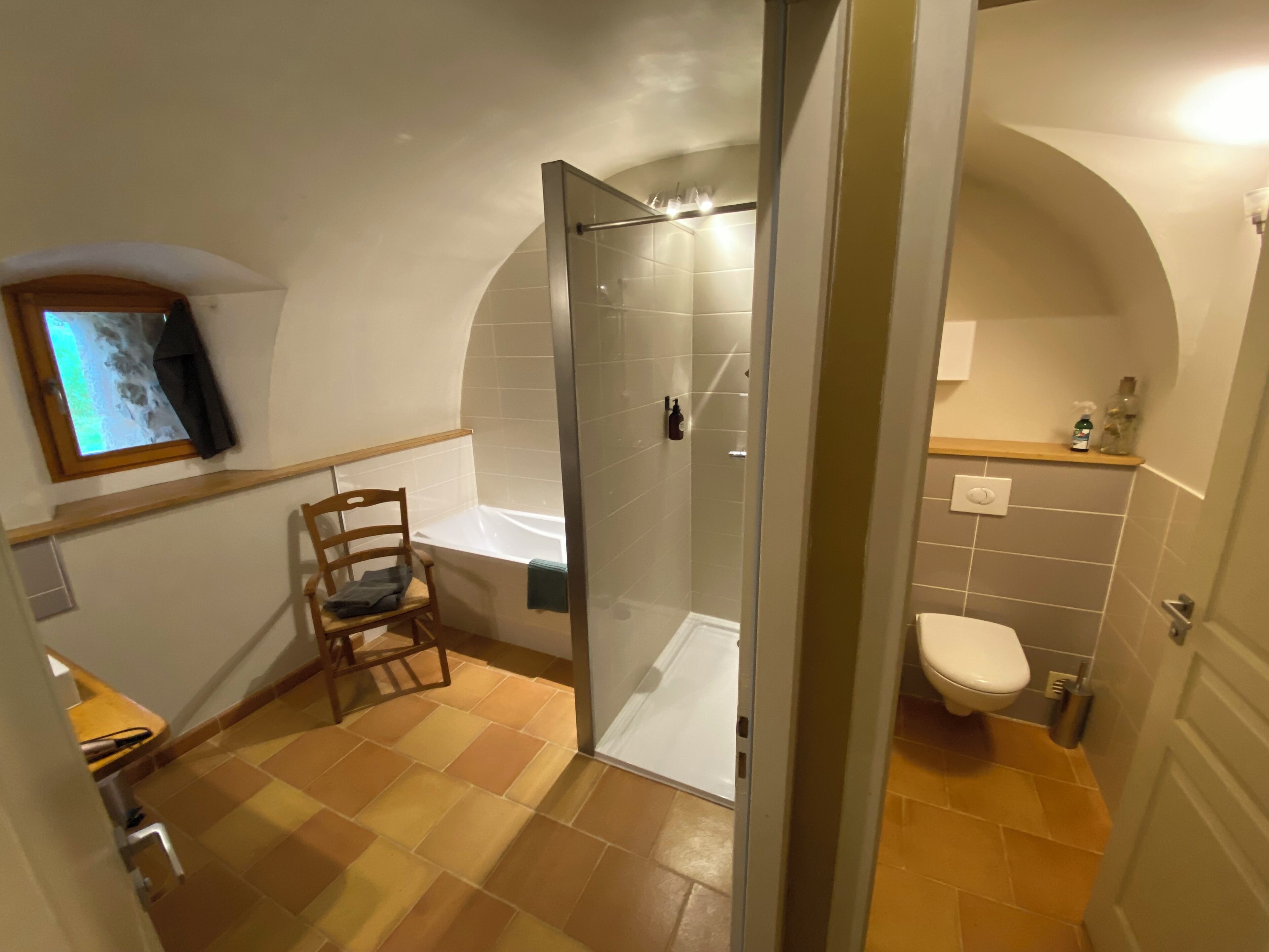 Baño con ducha, inodoro y una silla.