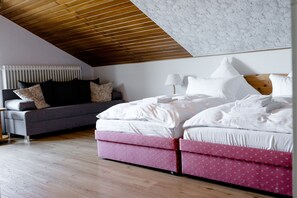 Un dormitorio con cama, sofá y radiador.