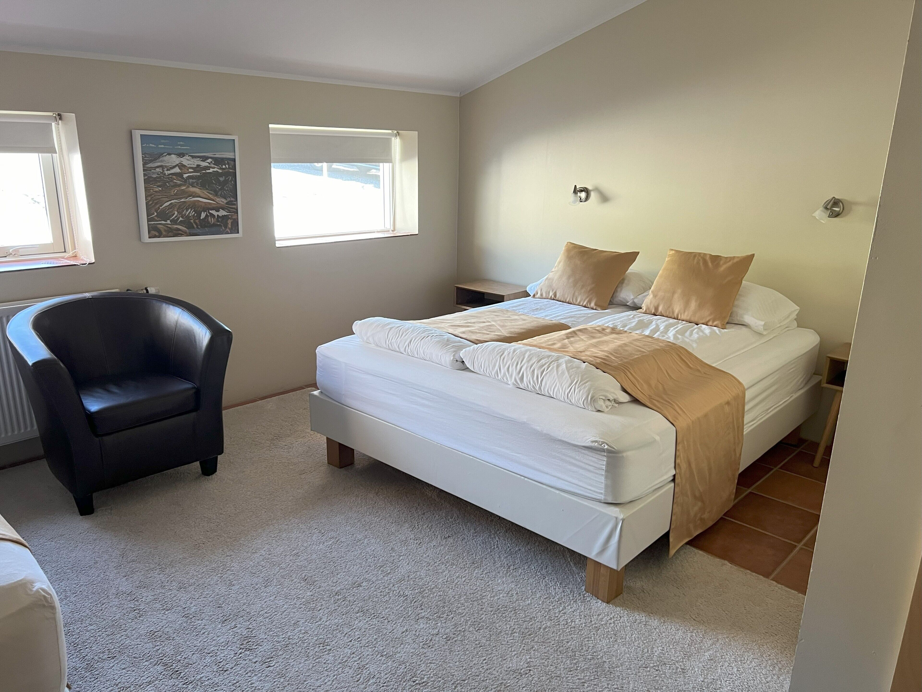 A bedroom with a bed, a chair, and two windows.