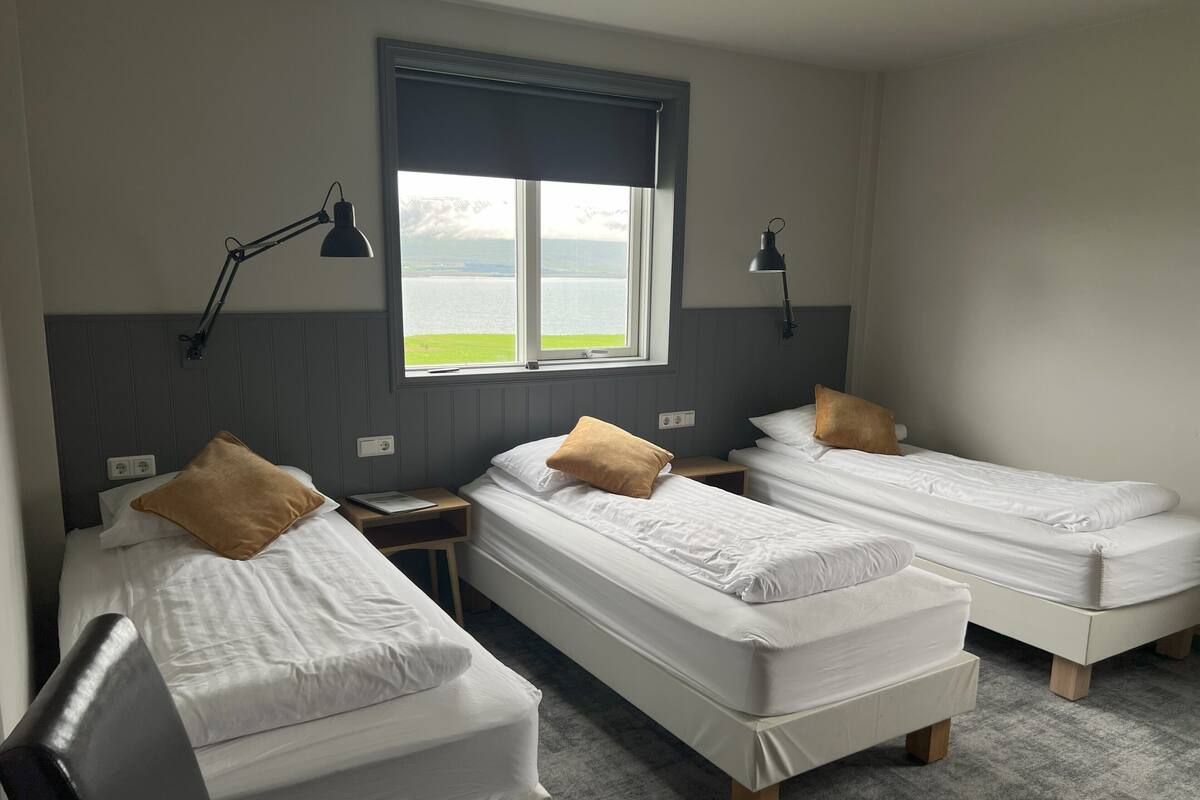 Une chambre avec deux lits simples, un bureau, une chaise, une fenêtre donnant sur la mer et une lampe de chaque côté de la fenêtre.