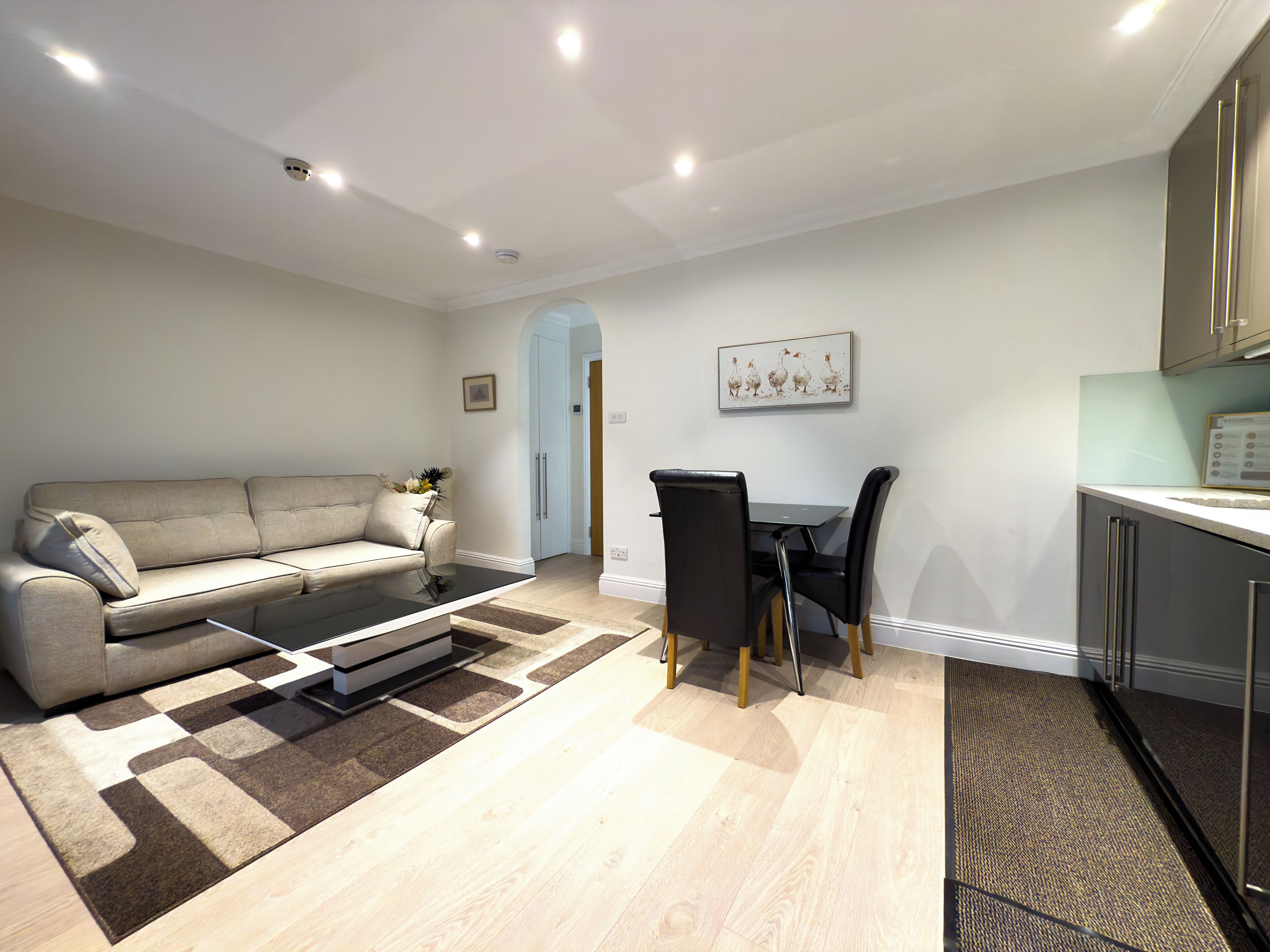A modern living room with a sofa, a dining table with chairs, a kitchen area, and a hallway.