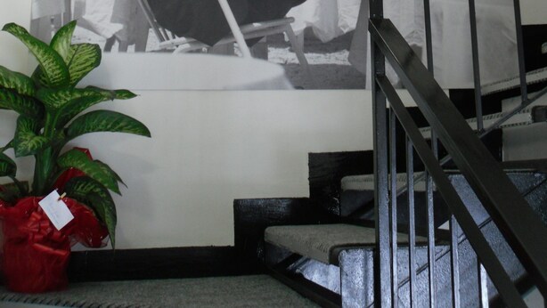 A staircase with a black railing, a potted plant, and a poster of a man in a chair. - 5 Rooms (Civitavecchia)