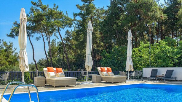 A swimming pool with lounge chairs and umbrellas, surrounded by trees. - Leandros Hotel (Aristotelis)