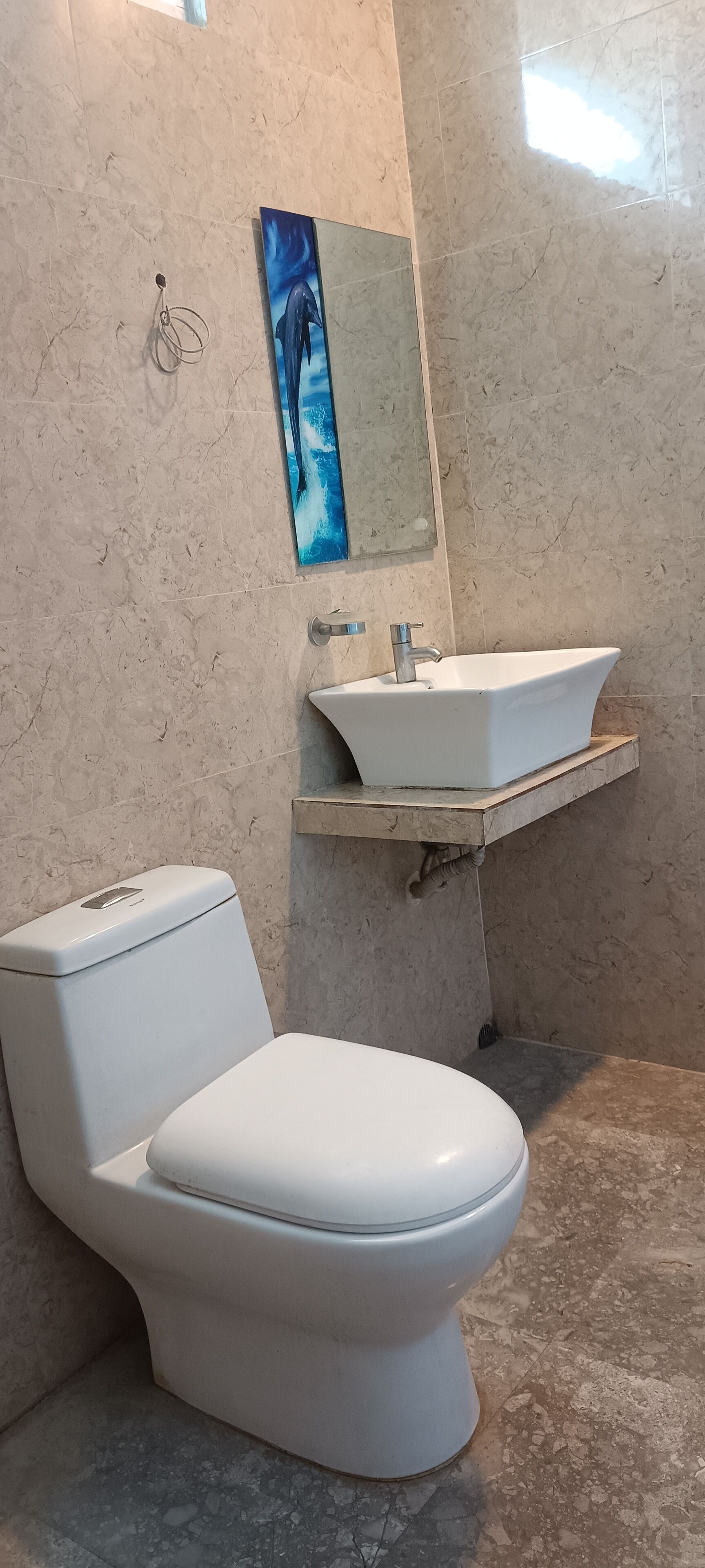 Un baño con inodoro blanco, lavabo y espejo en la pared.