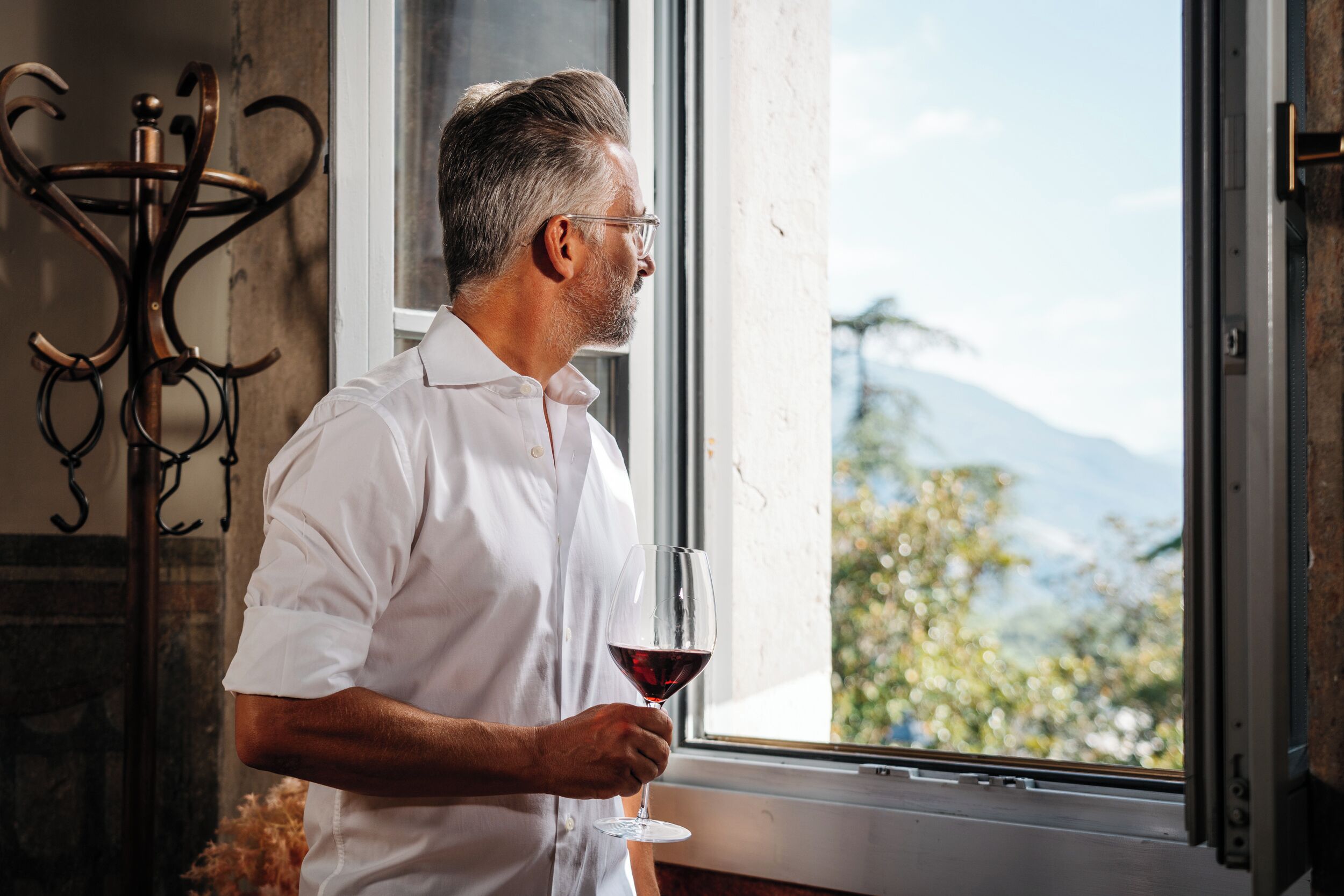 Una persona sosteniendo una copa de vino junto a una ventana con vistas a árboles y montañas.