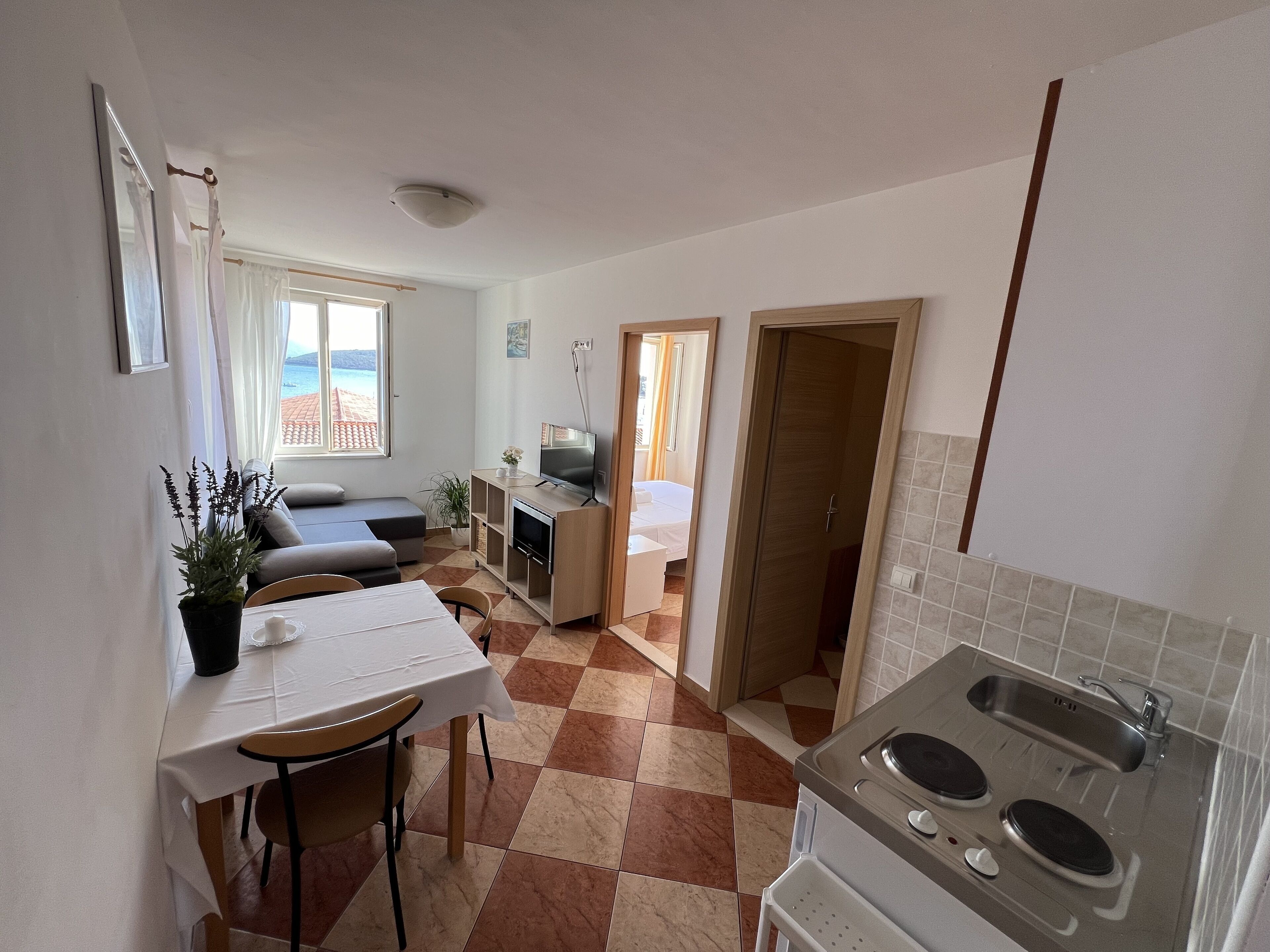 A compact kitchen with a dining area, a sofa, and a TV.