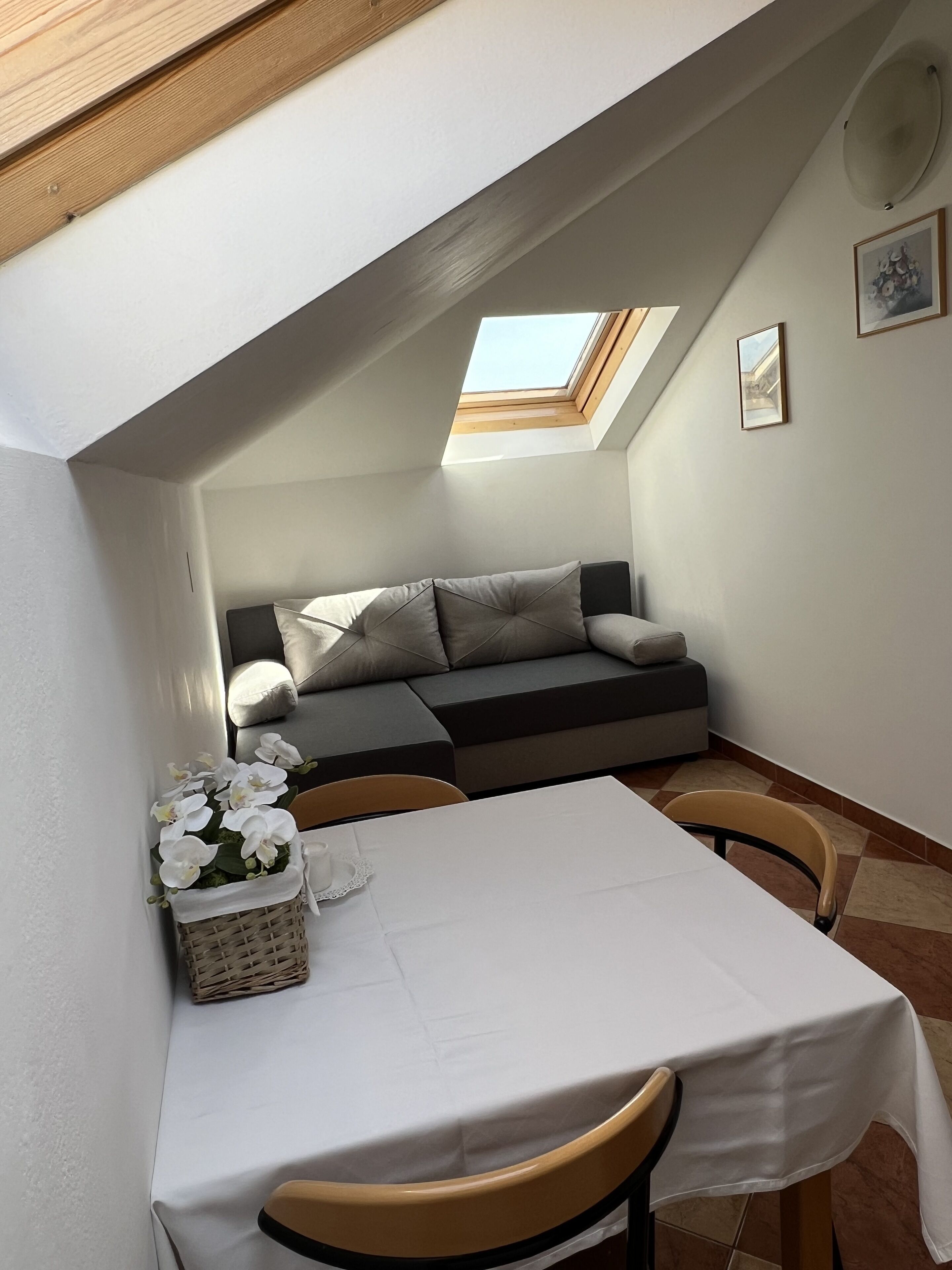 Ein gemütliches Zimmer mit Dachfenster, einer Couch, einem Esstisch und einer kleinen Pflanze.
