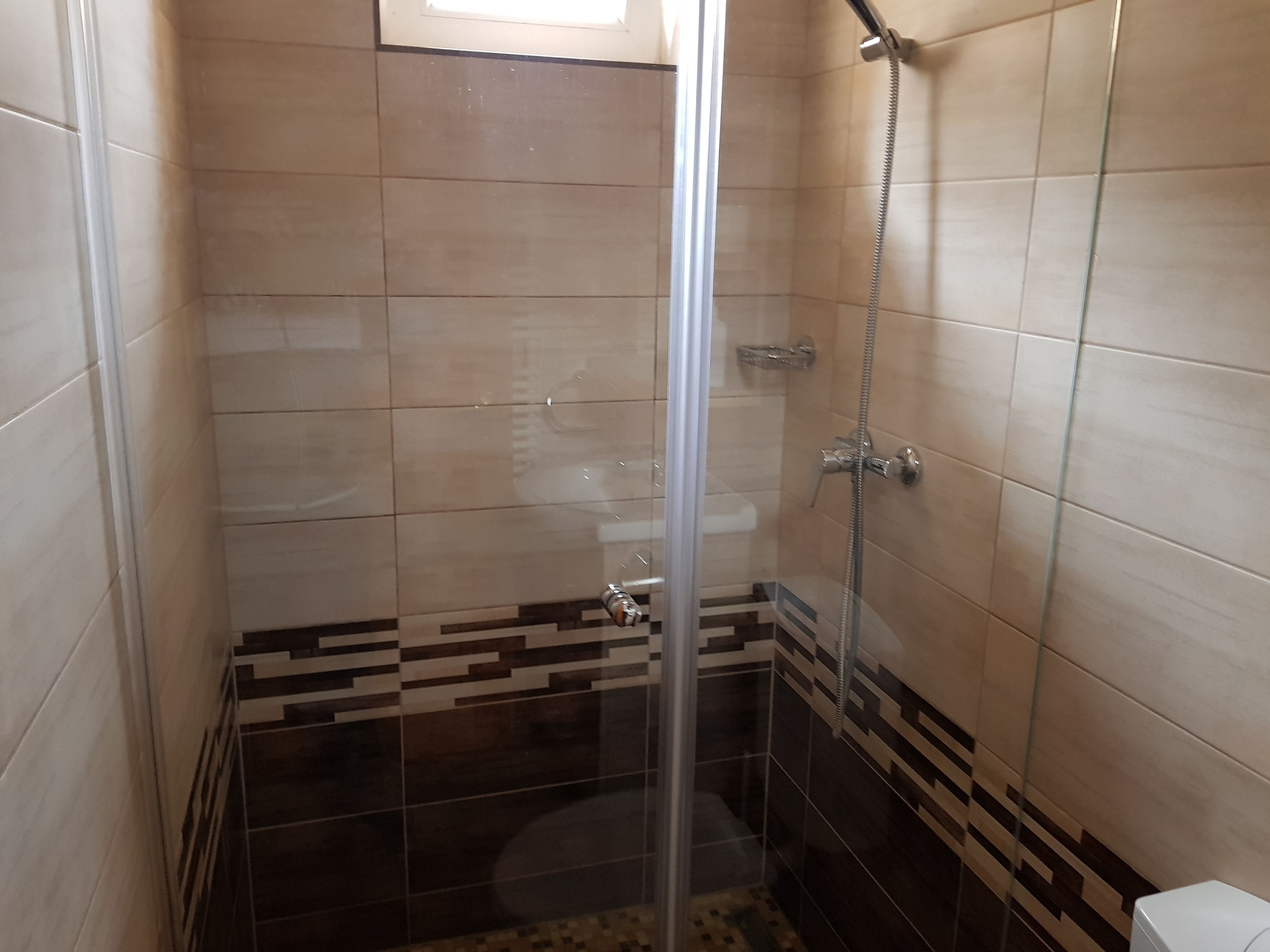 Un área de ducha pequeña con azulejos, una puerta de vidrio, un cabezal de ducha y un inodoro.