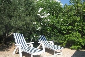 Two striped lounge chairs positioned on a sandy surface, surrounded by dense green foliage and a flowering bush.