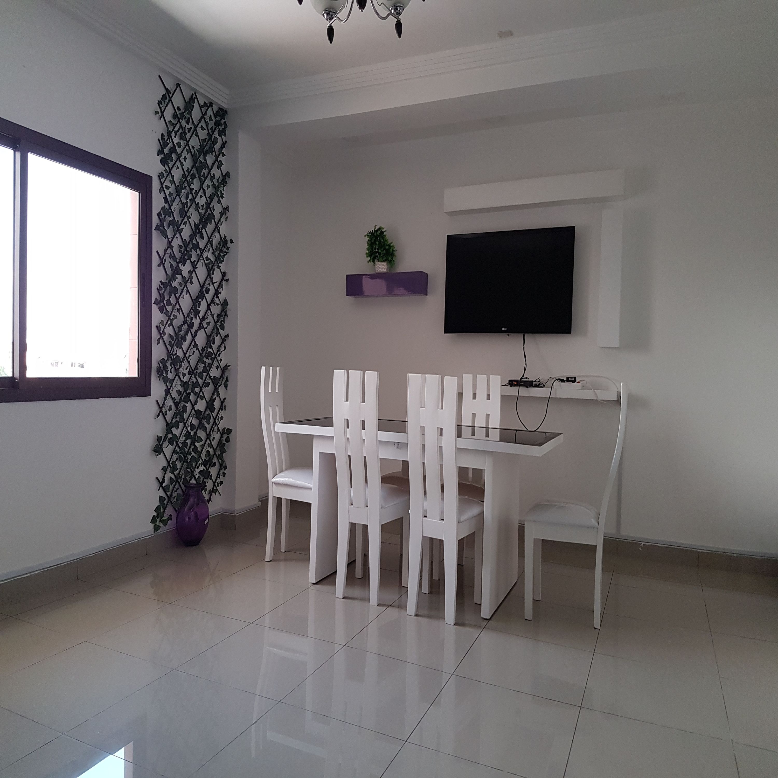 A dining area with a white table and chairs, a flat-screen TV mounted on the wall, and a potted plant on a shelf.