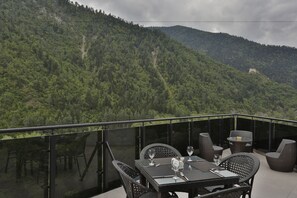 Una terraza con barandilla de cristal con vistas a una montaña boscosa.