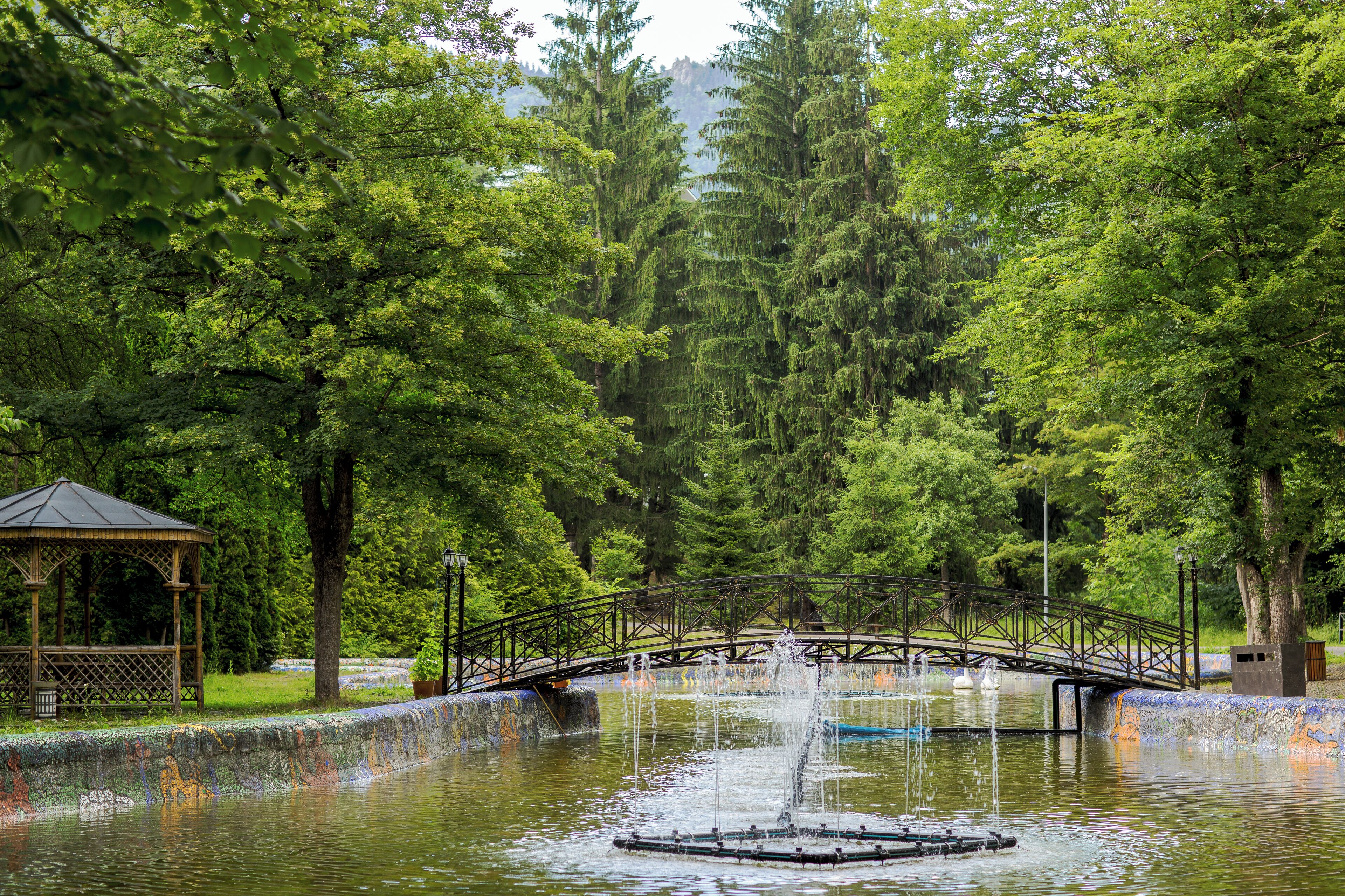 A gazebo, a bridge, and a fountain in a park with dense trees.