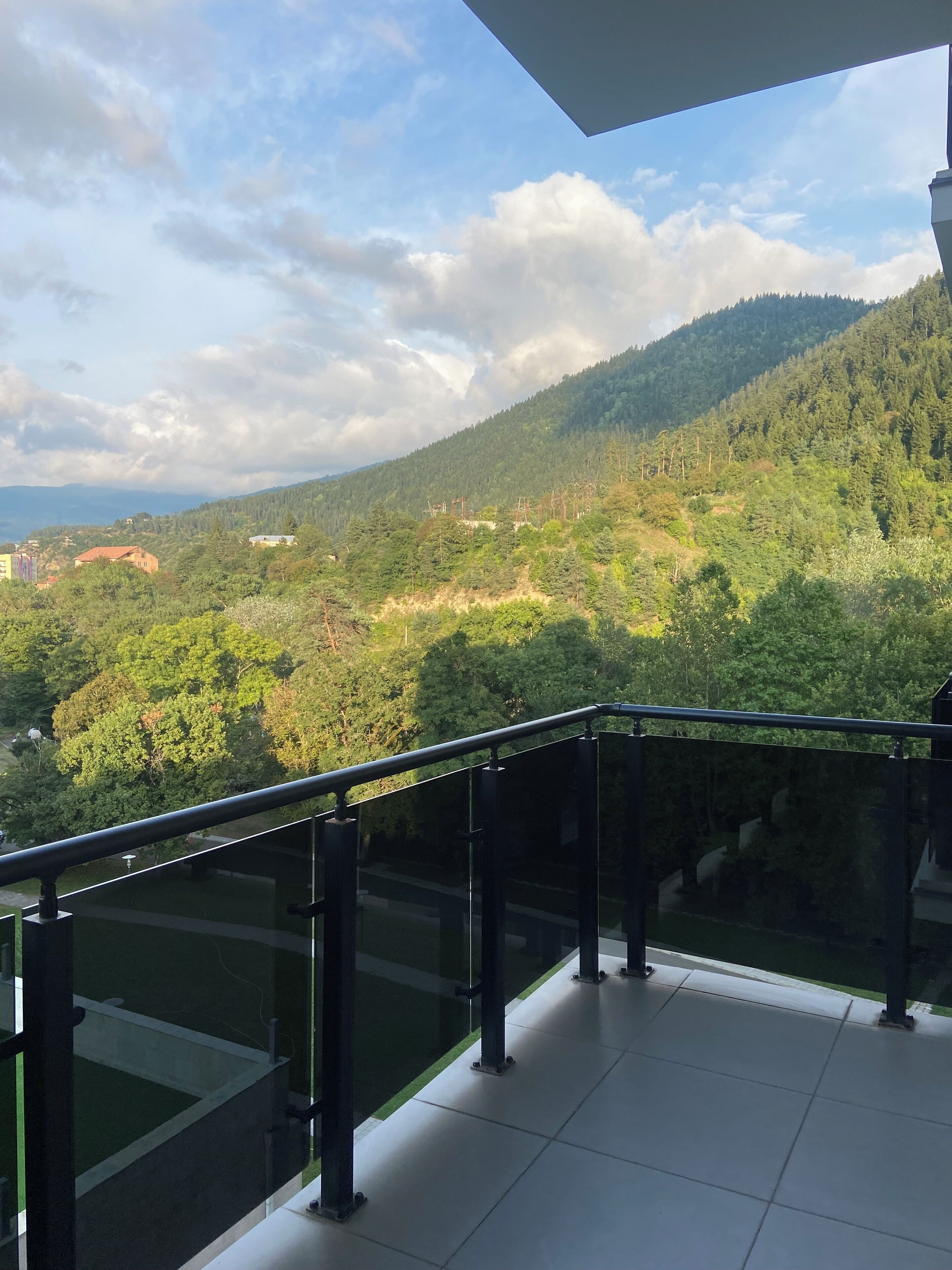 Un balcon doté d’une balustrade en verre, offrant une vue sur un paysage montagneux caractérisé par une végétation luxuriante et des bâtiments dispersés.