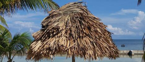 A beach scene with a thatched umbrella, a wooden bench, and palm trees.