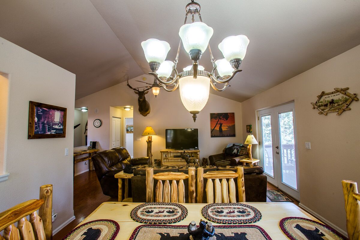 Télévision, cheminée, lecteur de DVD, livres