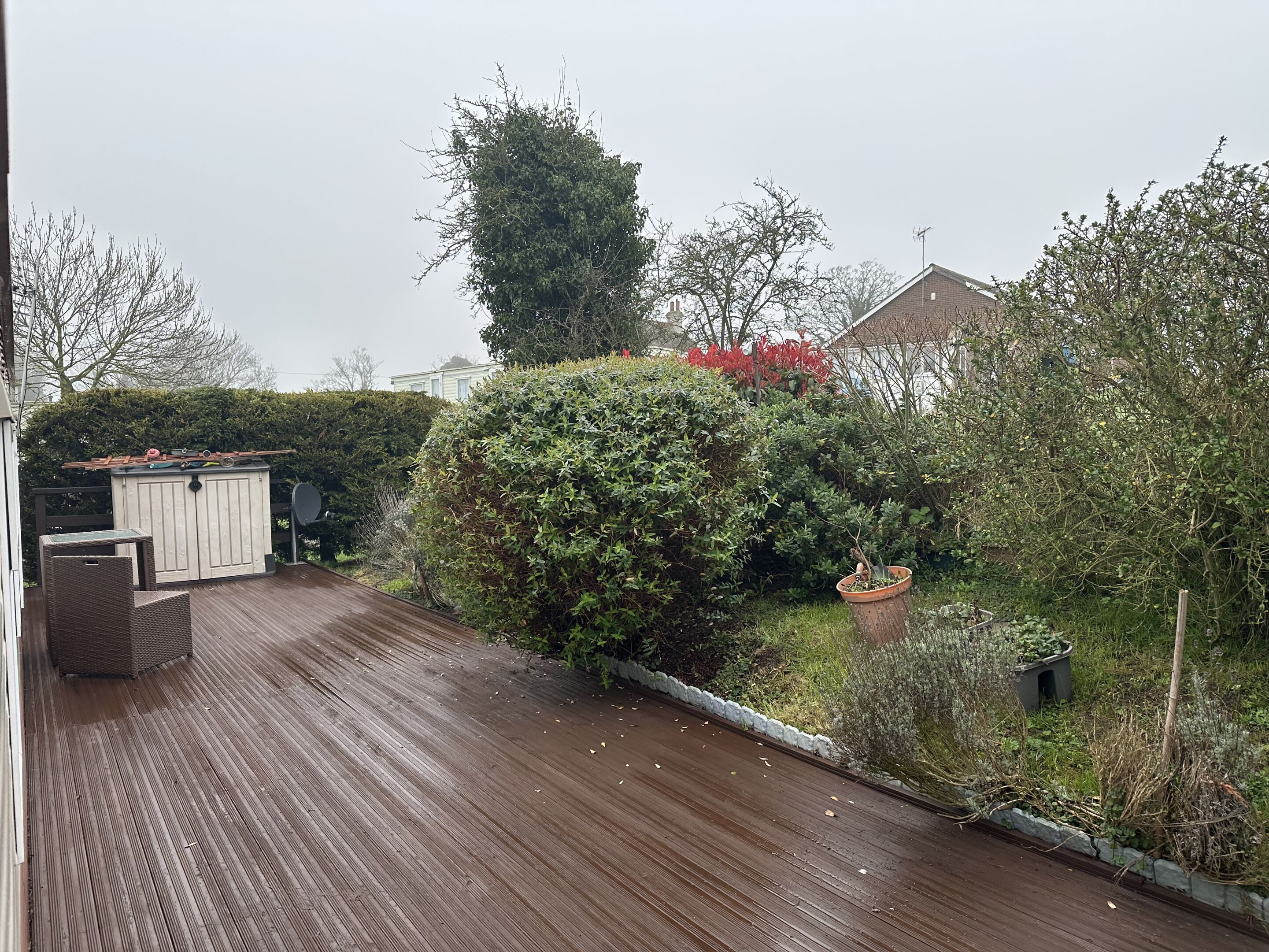 Eine Holzterrasse mit einem weißen Gartenhaus und einem großen Strauch.