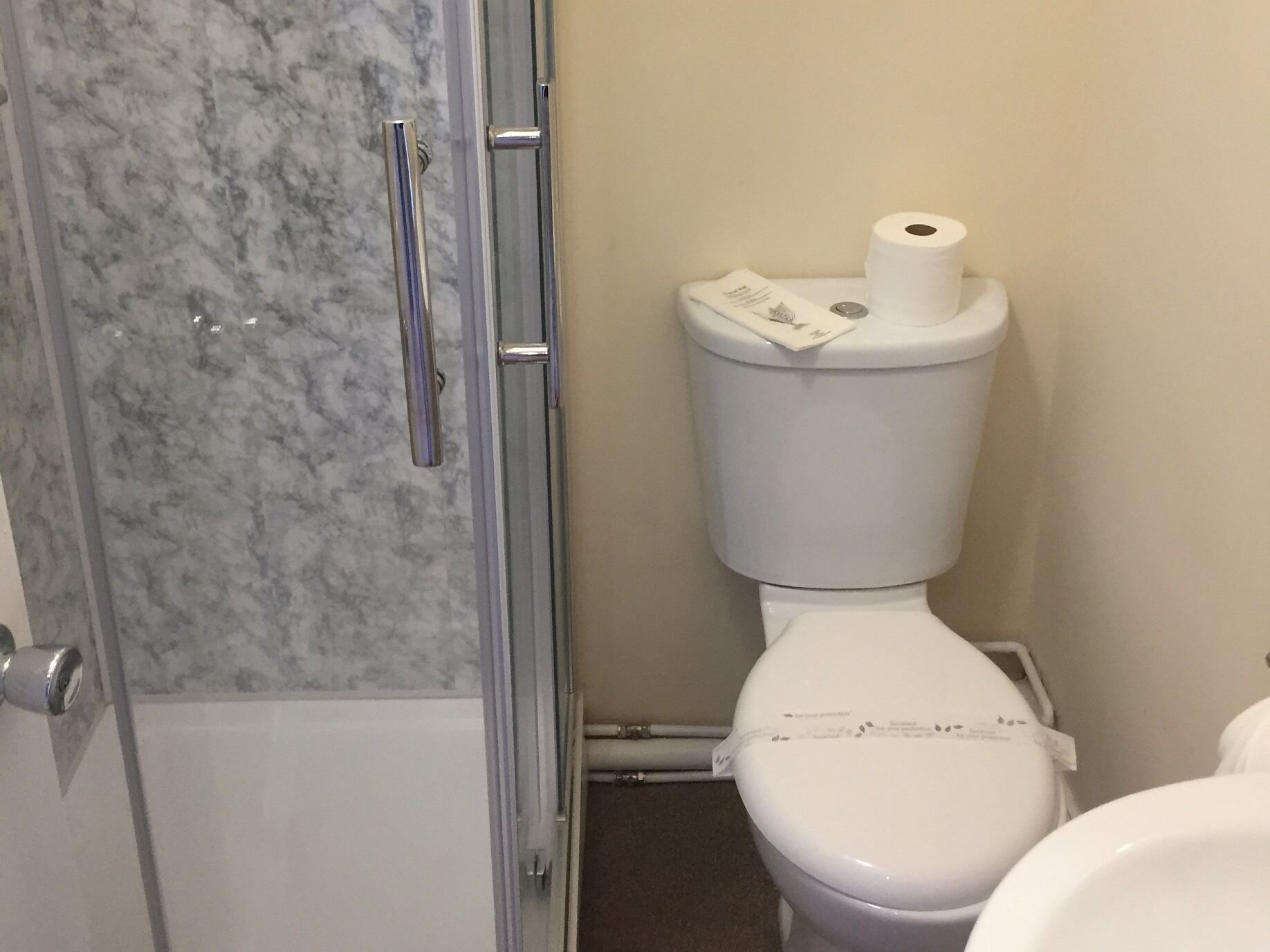 Ein Badezimmer mit Toilette, einer Dusche mit Glastür und einer Marmorwand.