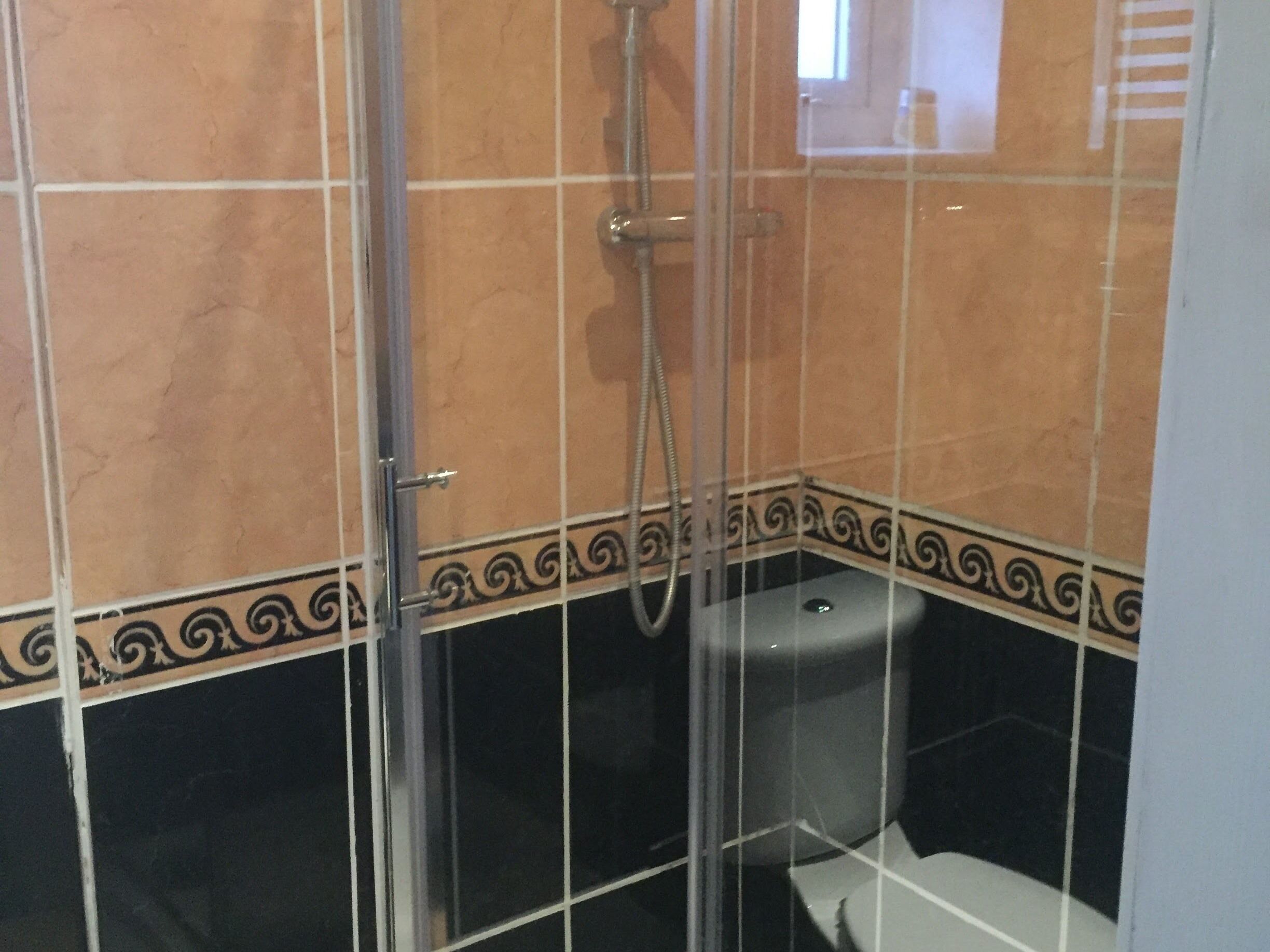 Et badeværelse med bruseniche, toilet og håndvask.