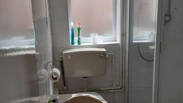 Een badkamer met toilet, wastafel en douche.