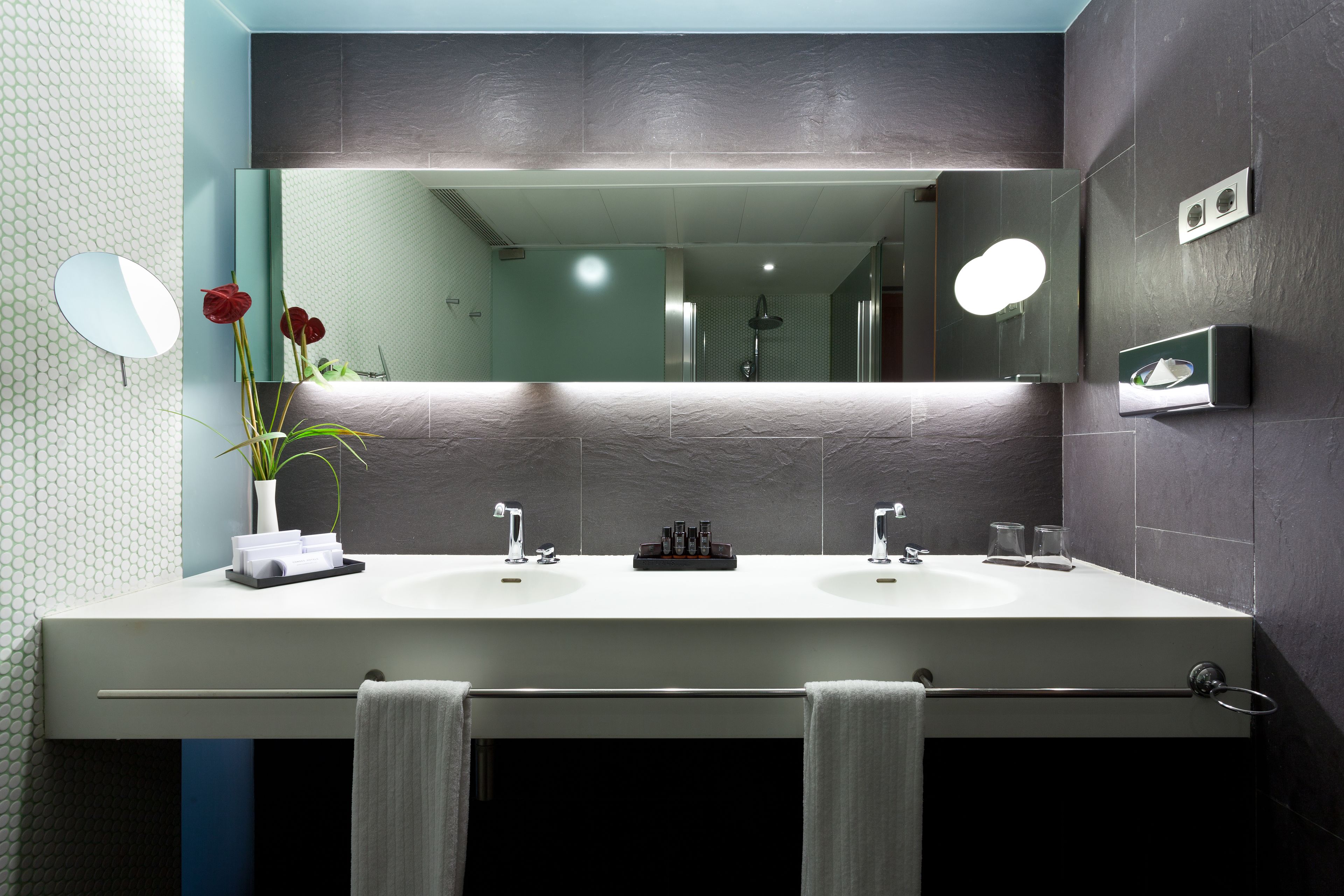 free toiletries, hair dryer, slippers, towels