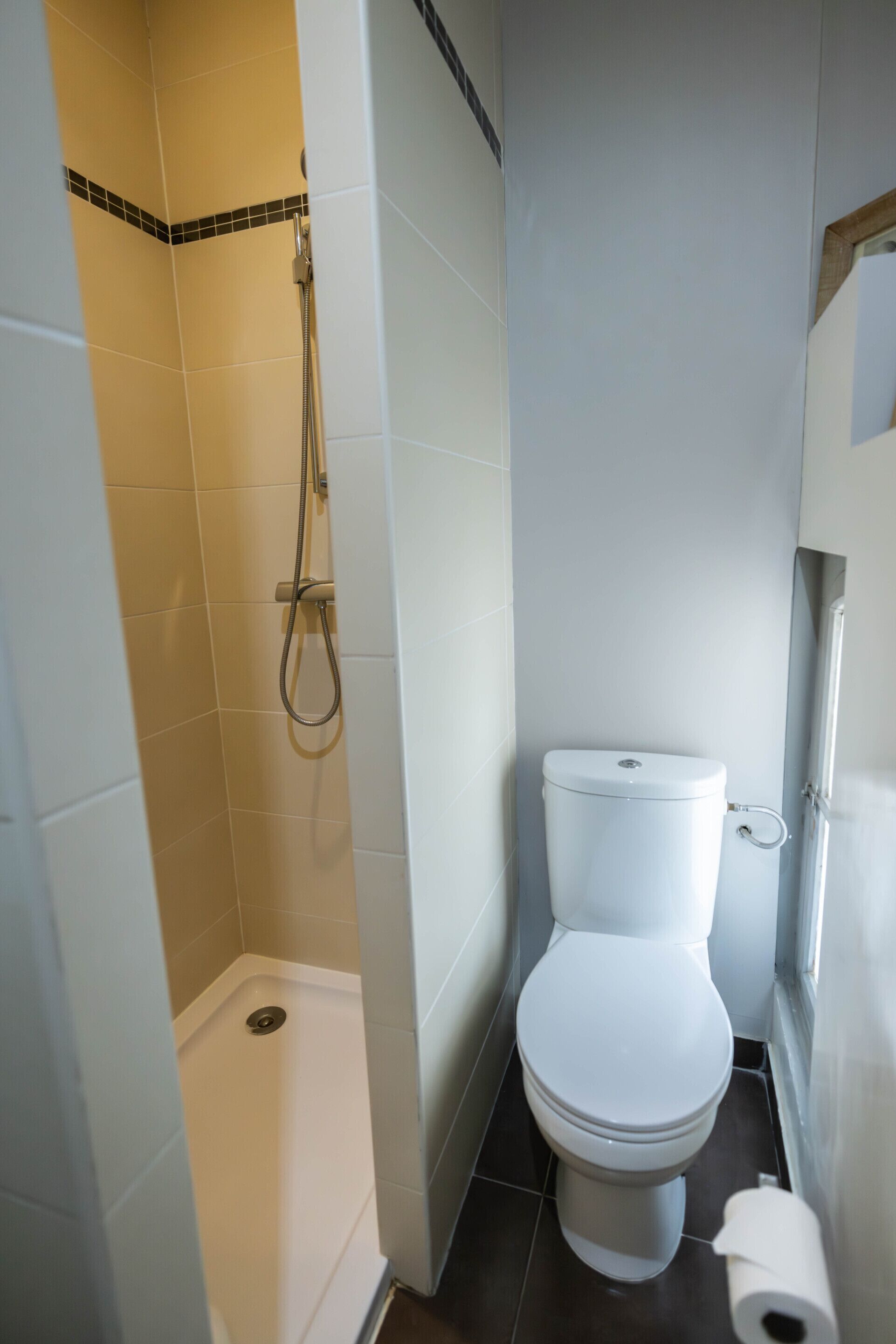 Une petite salle de bain comprenant des toilettes, une douche et un rouleau de papier toilette.