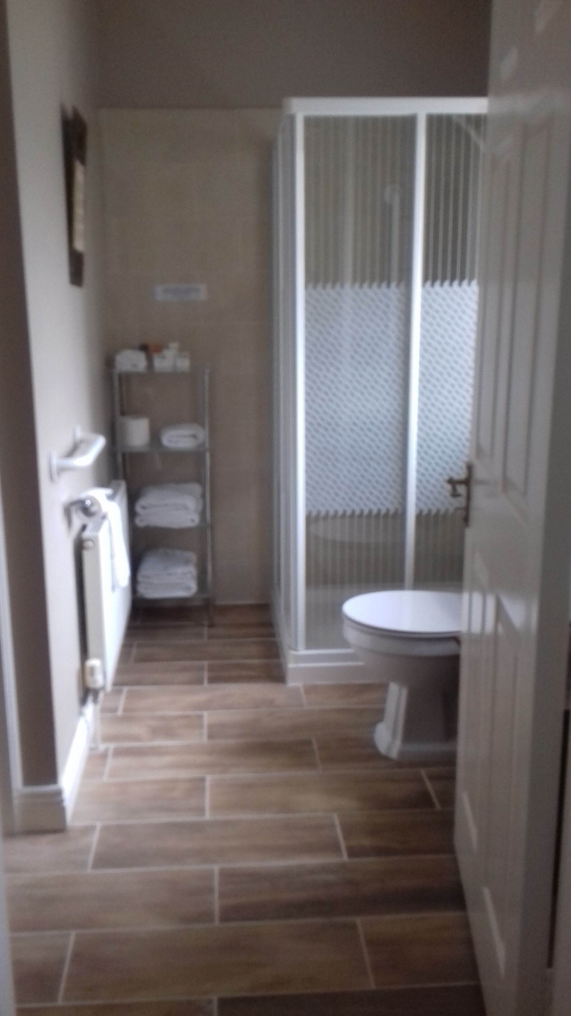 Un baño estrecho con inodoro, cabina de ducha y un perchero con toallas dobladas.