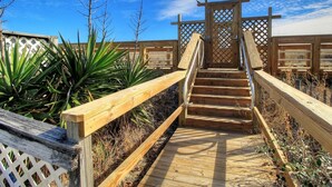 A wooden staircase leading to a gated entrance, surrounded by dry vegetation and a clear sky.