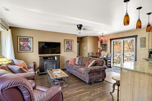 Smart TV, fireplace, DVD player, books