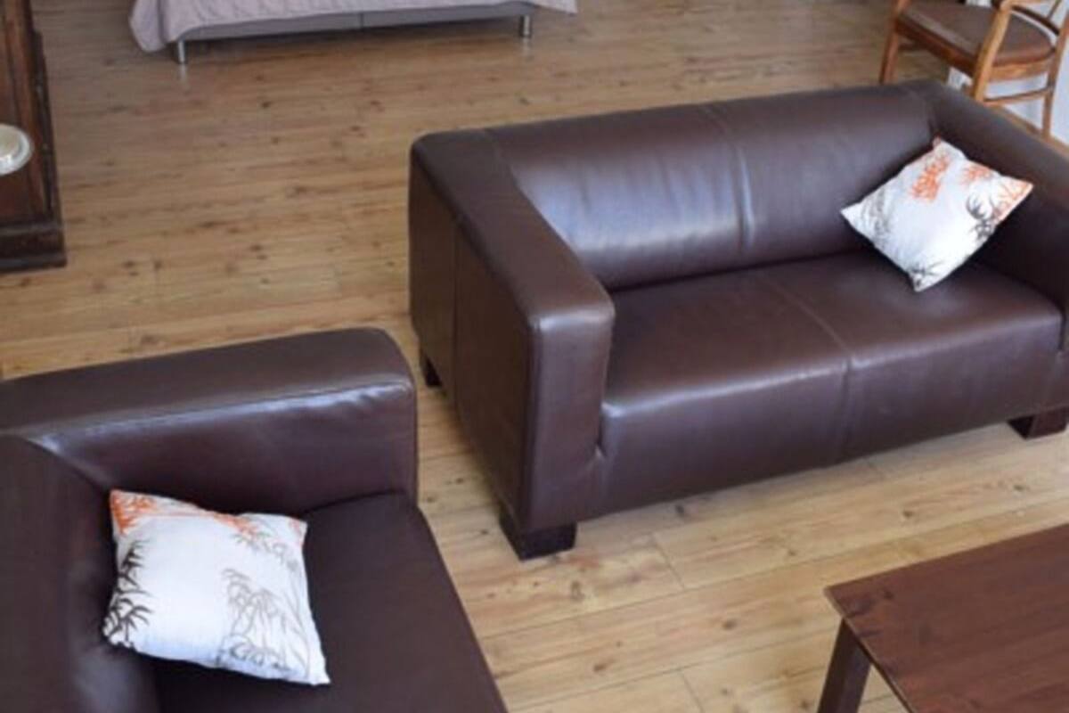 Una sala de estar con una cama, dos sofás, una mesa de centro y un cuadro en la pared.