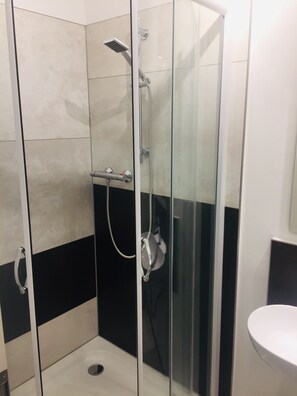 Premium-Studio | Badezimmer | Dusche, Haartrockner, Handtücher