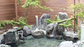 A rock garden with a small pond, bamboo, and ferns.