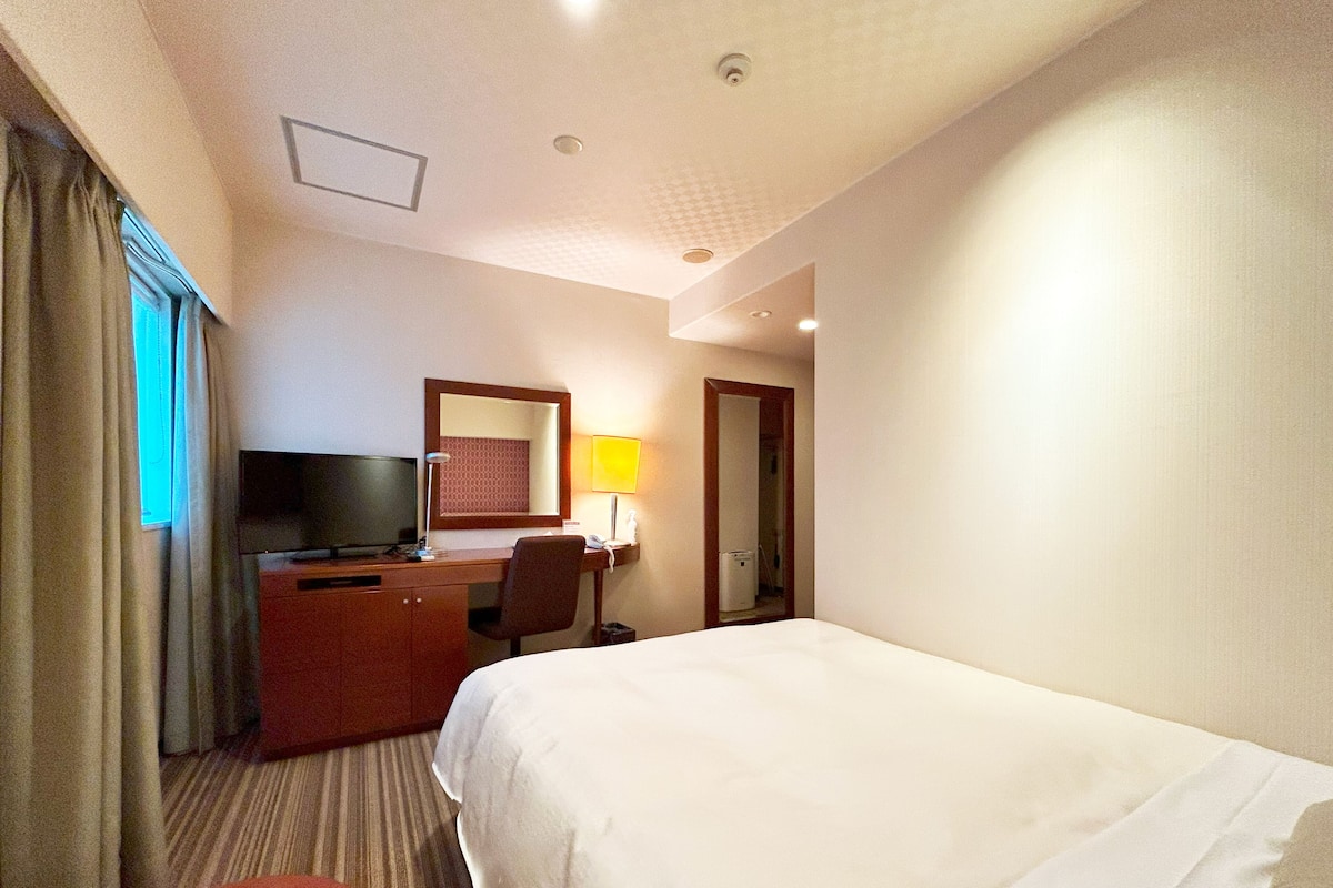 A hotel room with a bed, desk, chair, television, lamp, and a mirror.