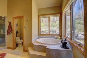 Combined shower/tub, jetted tub, hair dryer, towels
