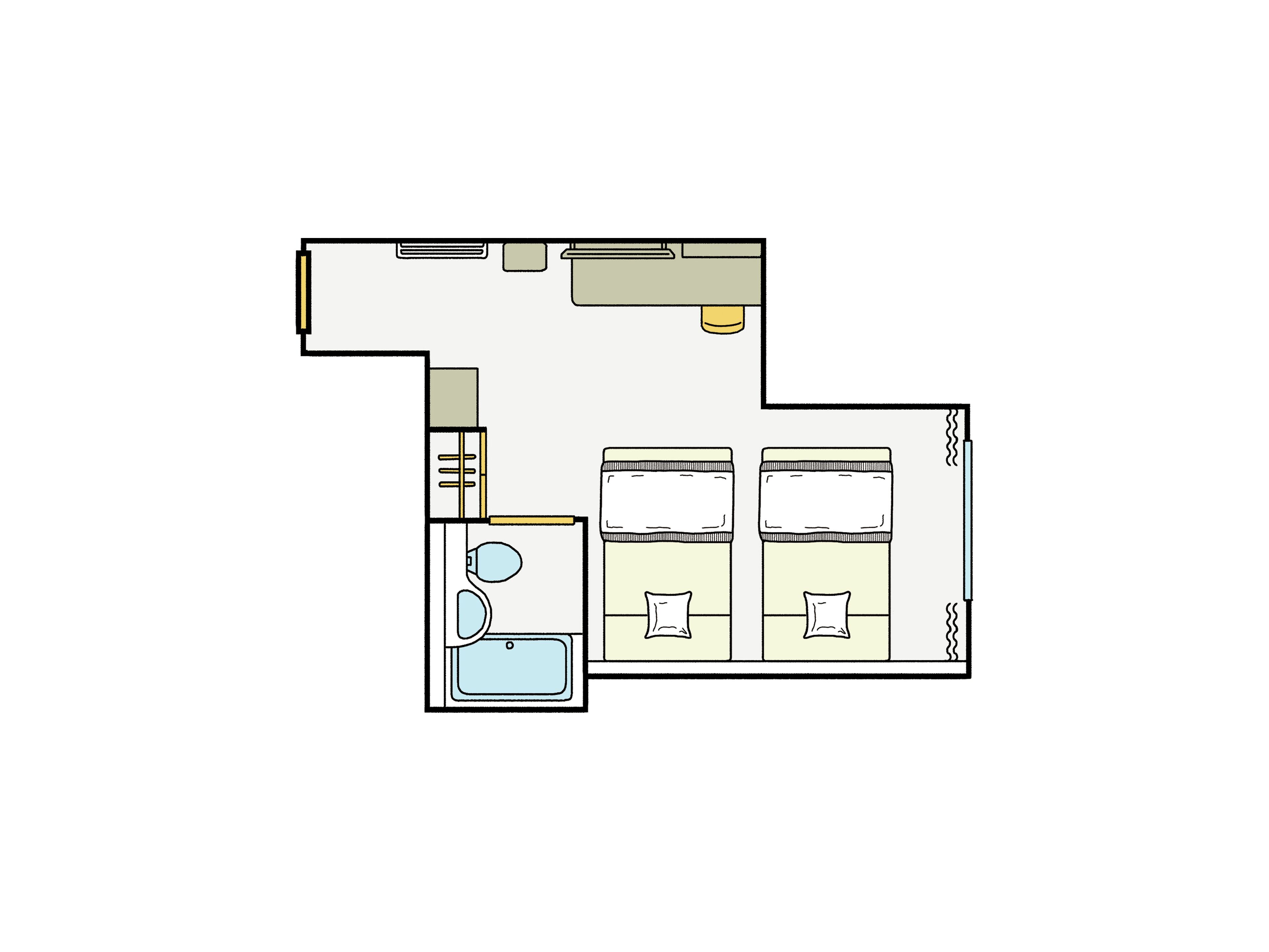 A floor plan of a hotel room with a bathroom, a kitchenette, and two beds.