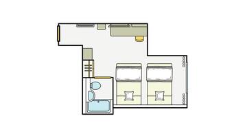 A floor plan of a hotel room with a bathroom, a kitchenette, and two beds.