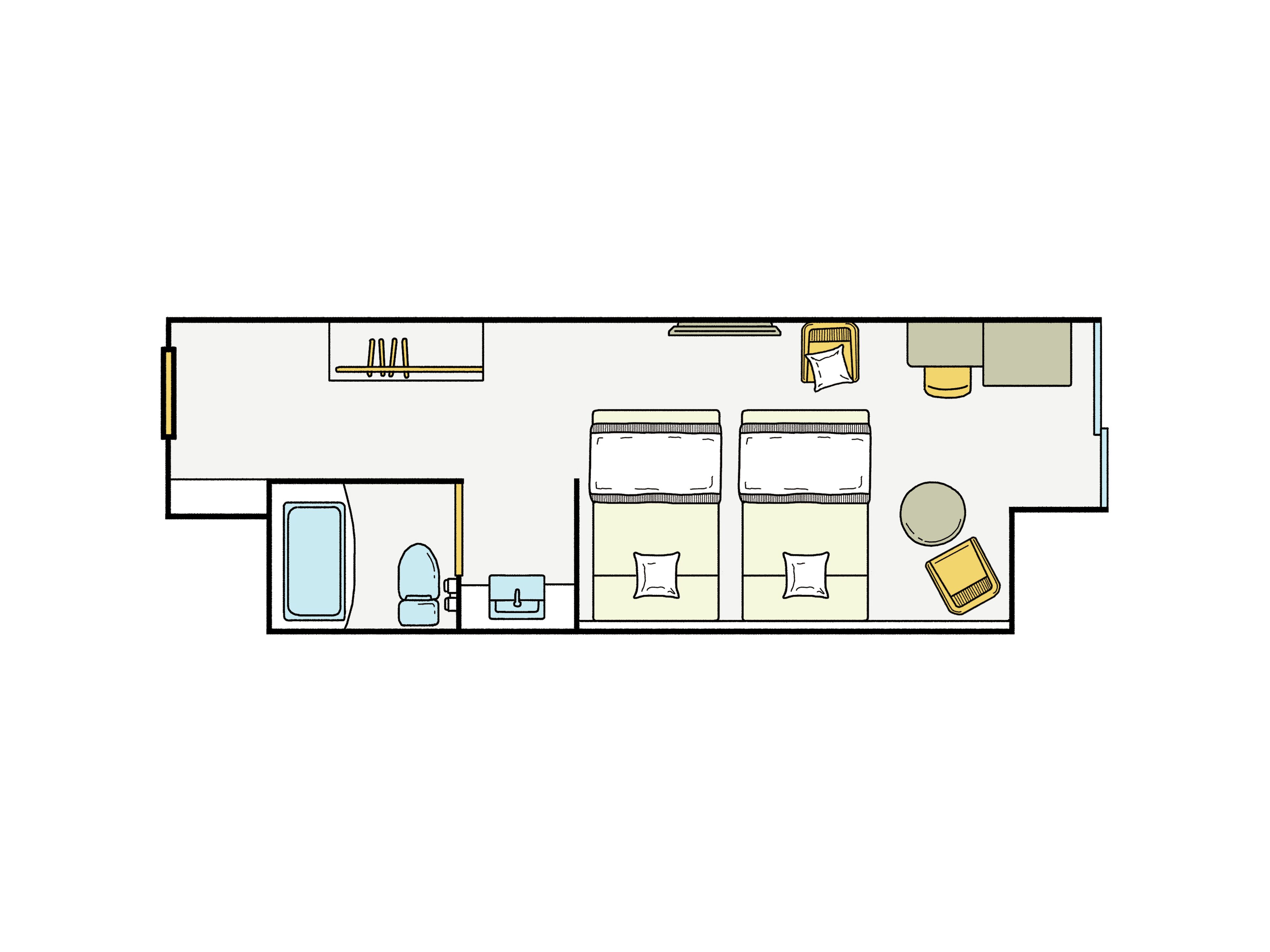 Plano de planta de una habitación de hotel con cama, escritorio, silla, armario y baño.