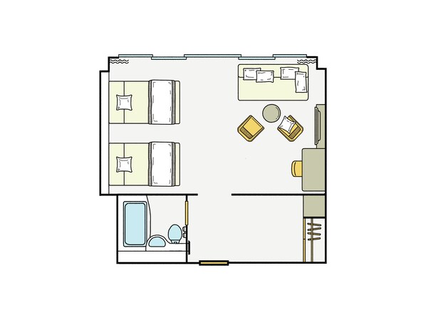 A hotel room layout with two beds, a desk, a chair, a bathroom, and a small seating area. - Kamenoi Hotel Hikone (Hikone)