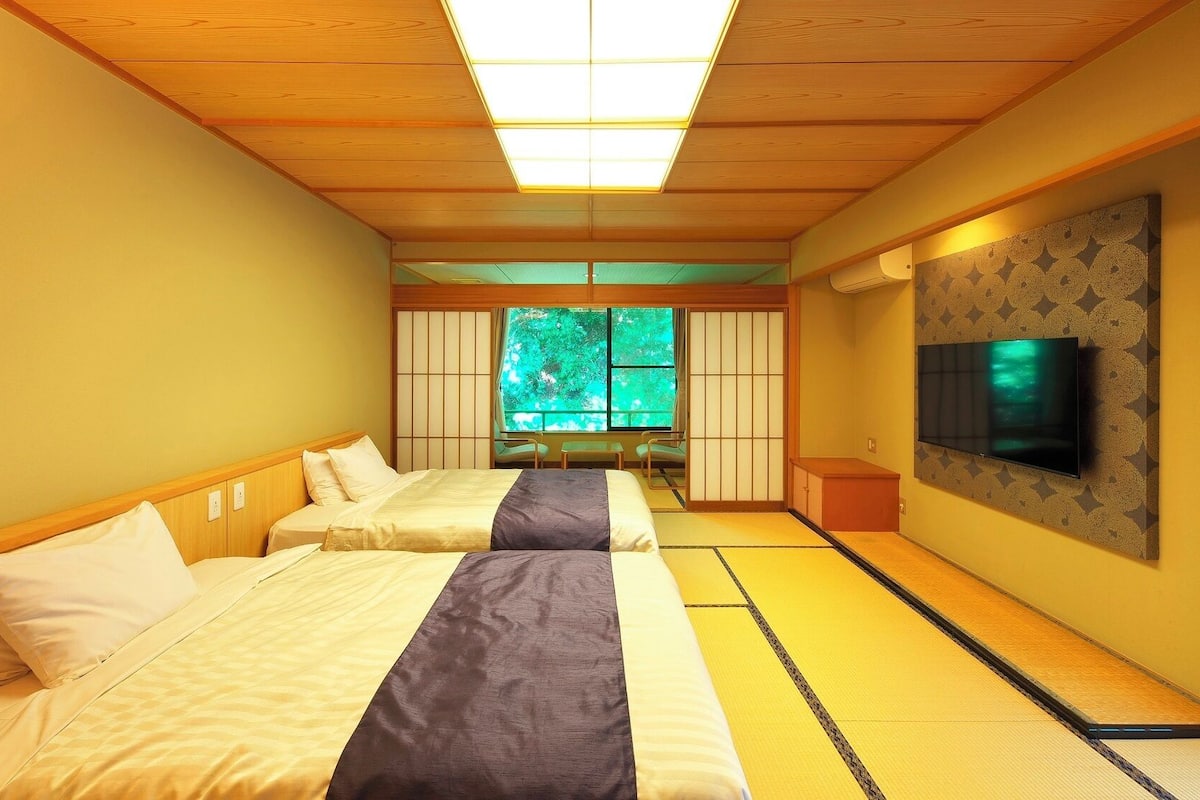 Habitación de hotel con dos camas, televisión y vistas al verde por la ventana.