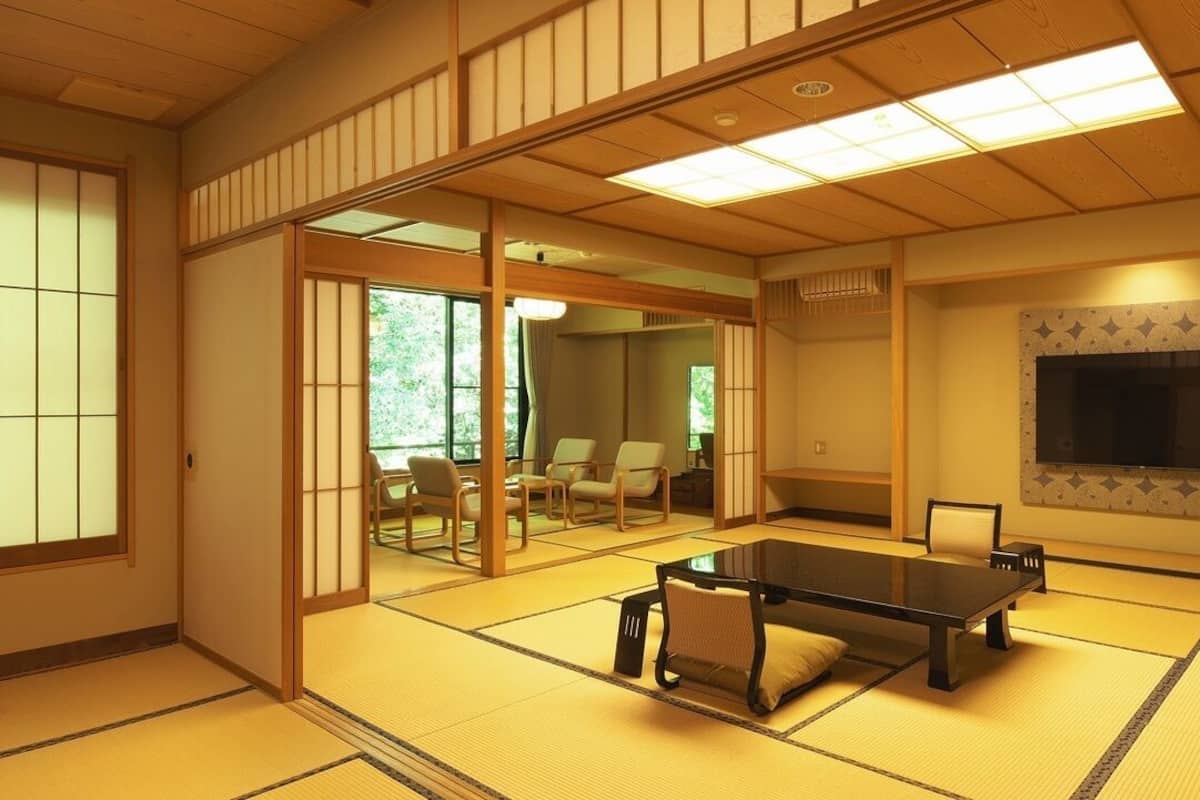 A tatami mat room with a tatami mat table, sliding doors, a television, and a view of the outdoors.