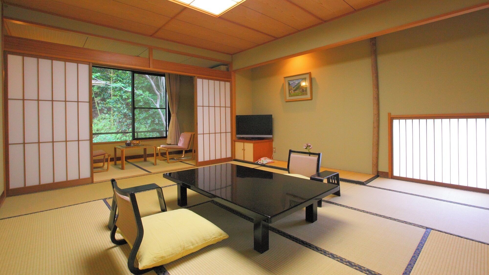 A traditional Japanese room with tatami flooring, a low table, chairs, a television, and a window with a view of greenery.