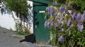 Una puerta verde con el rótulo "DRYING ROOM", con un sendero de grava que la lleva a ella, rodeada de follaje y flores moradas.