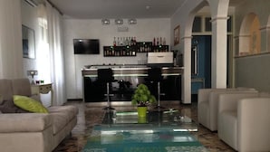 Un salon avec un canapé, une table basse ornée d’une plante et un tapis à motifs. On y trouve également un coin cuisine avec un bar et diverses bouteilles.
