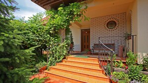 Una escalera que lleva a una puerta de madera, rodeada de plantas en macetas y follaje.