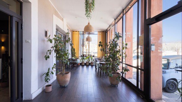 A corridor with potted plants, a hanging light fixture, and a view of the outside. - L'Aptois Hotel (Apt)