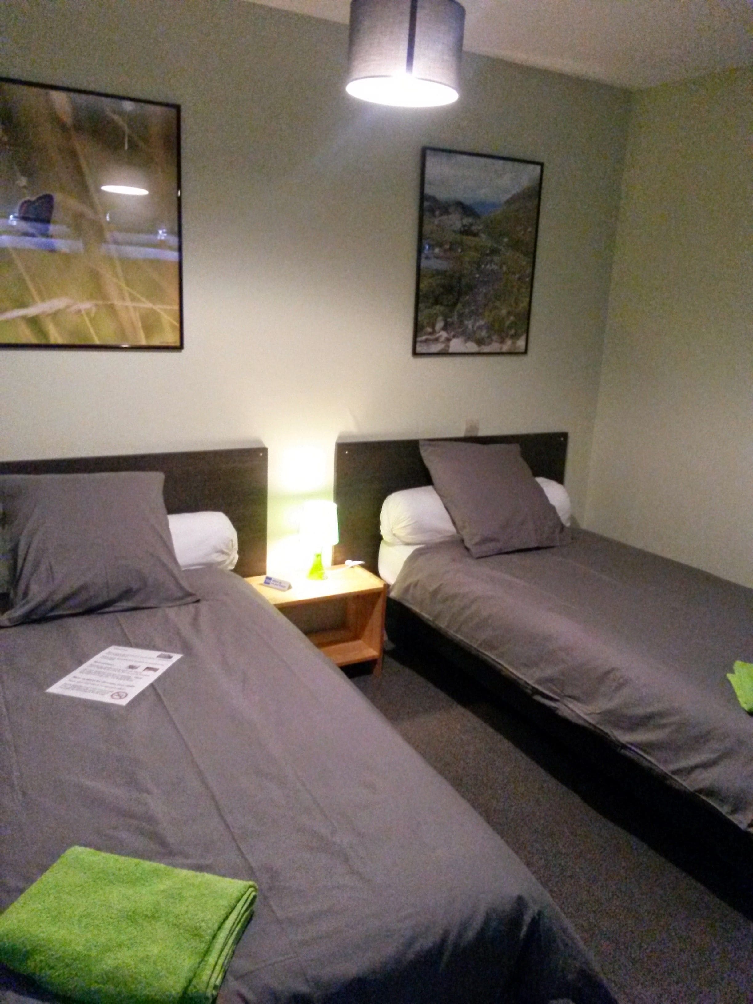 Una habitación de hotel con dos camas individuales, una mesita de noche con lámpara y cuadros enmarcados en la pared.