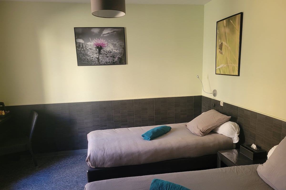 A hotel room with two beds, a dark headboard, a small bedside table with a tissue box, and a wall-mounted lamp.