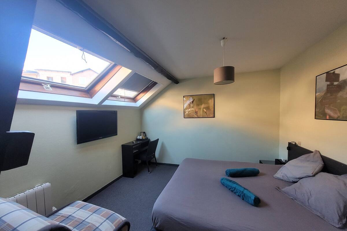 A bedroom with a bed, a desk, a chair, a TV, and a skylight.