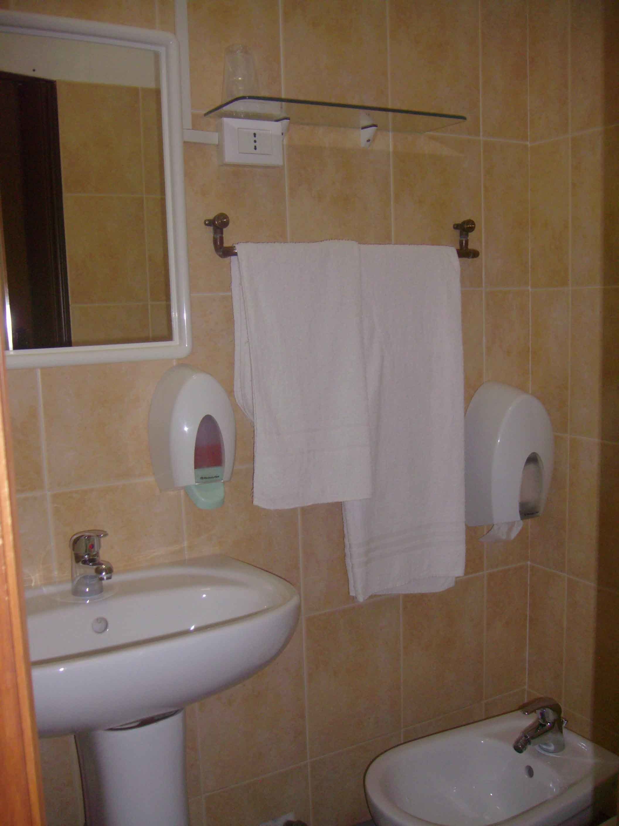 Ein Badezimmer mit Waschbecken, Bidet und zwei Papierhandtuchspendern.